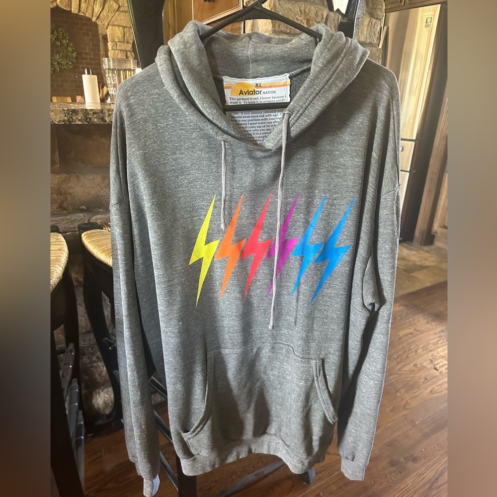 Aviator Nation Gray Hoodie with Colorful Lightning Bolts
